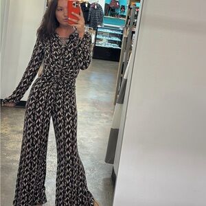 Free People Black and Cream Patterned Jumpsuit